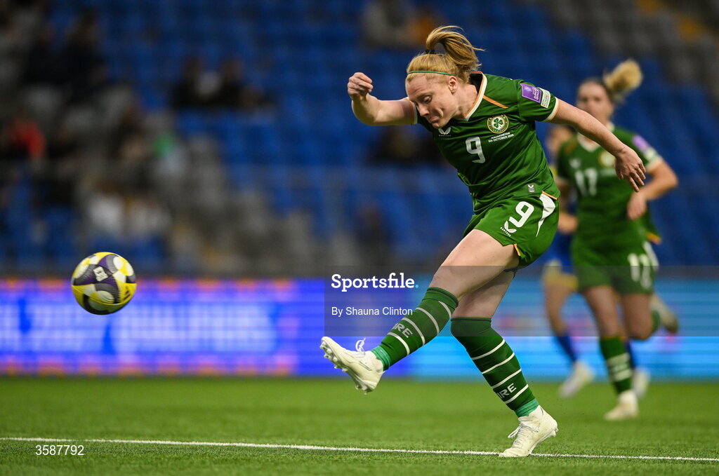 9 October 2026; Amber Barrett of Republic of Ireland has an attempt on goal during the 2027 FIFA Women’s World Cup qualifying round 1 play-off first leg match between Kazakhstan and the Republic of Ireland at Astana Arena in Kazakhstan. Photo by Shauna Clinton/Sportsfile
