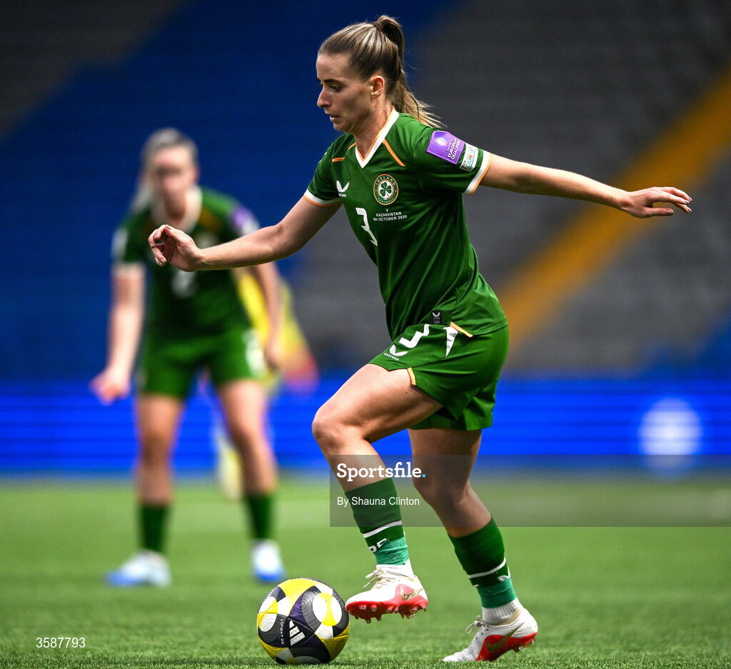 9 October 2026; Chloe Mustaki of Republic of Ireland during the 2027 FIFA Women’s World Cup qualifying round 1 play-off first leg match between Kazakhstan and the Republic of Ireland at Astana Arena in Kazakhstan. Photo by Shauna Clinton/Sportsfile