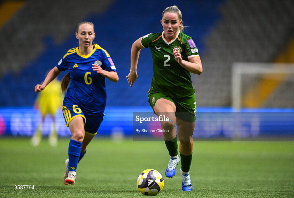 9 October 2026; Jessie Stapleton of Republic of Ireland in action against Anastassiya Nizamutdinova of Kazakhstan during the 2027 FIFA Women’s World Cup qualifying round 1 play-off first leg match between Kazakhstan and the Republic of Ireland at Astana Arena in Kazakhstan. Photo by Shauna Clinton/Sportsfile
