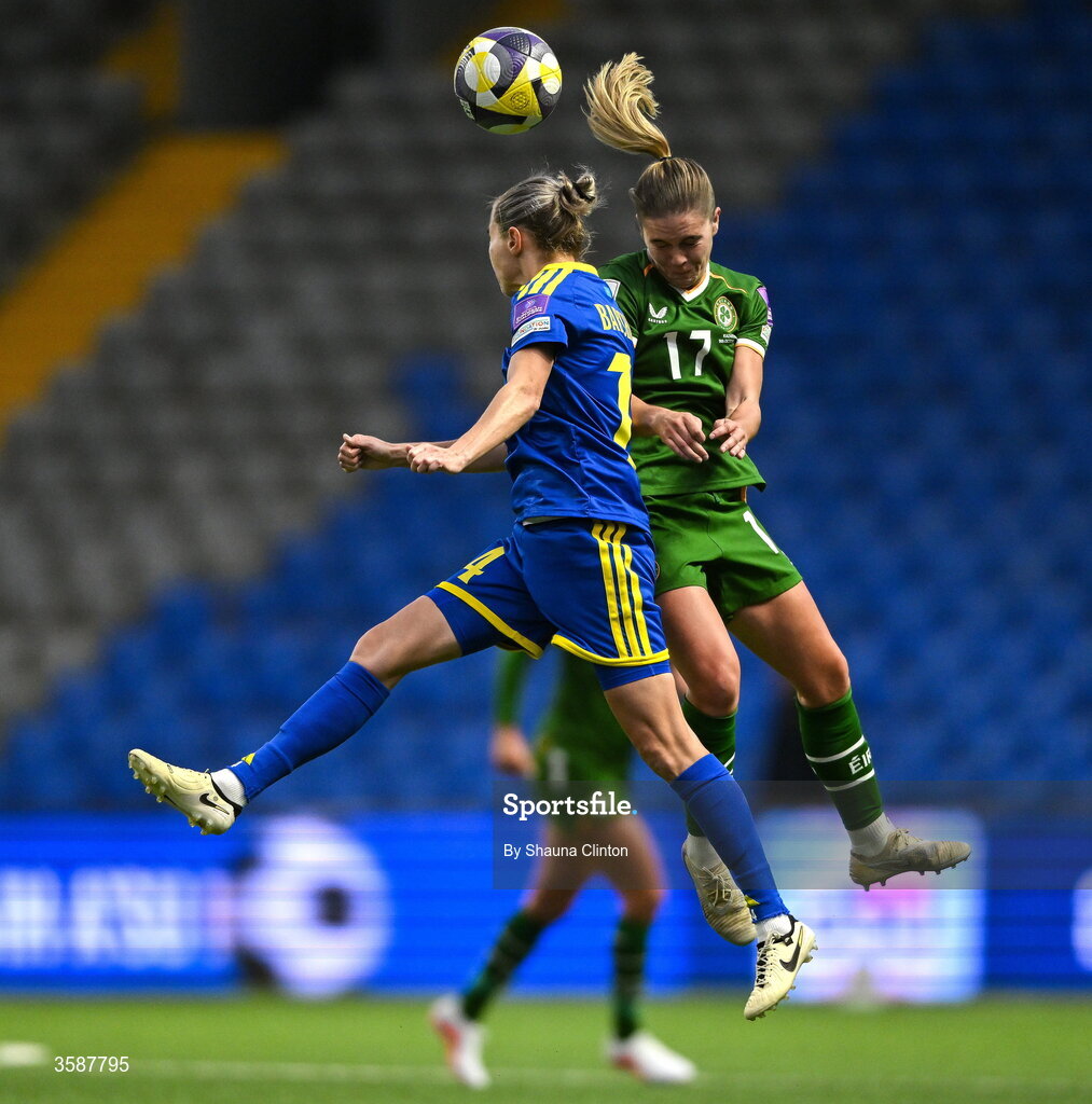 9 October 2026; Jamie Finn of Republic of Ireland in action against Yekaterina Babshuk of Kazakhstan during the 2027 FIFA Women’s World Cup qualifying round 1 play-off first leg match between Kazakhstan and the Republic of Ireland at Astana Arena in Kazakhstan. Photo by Shauna Clinton/Sportsfile