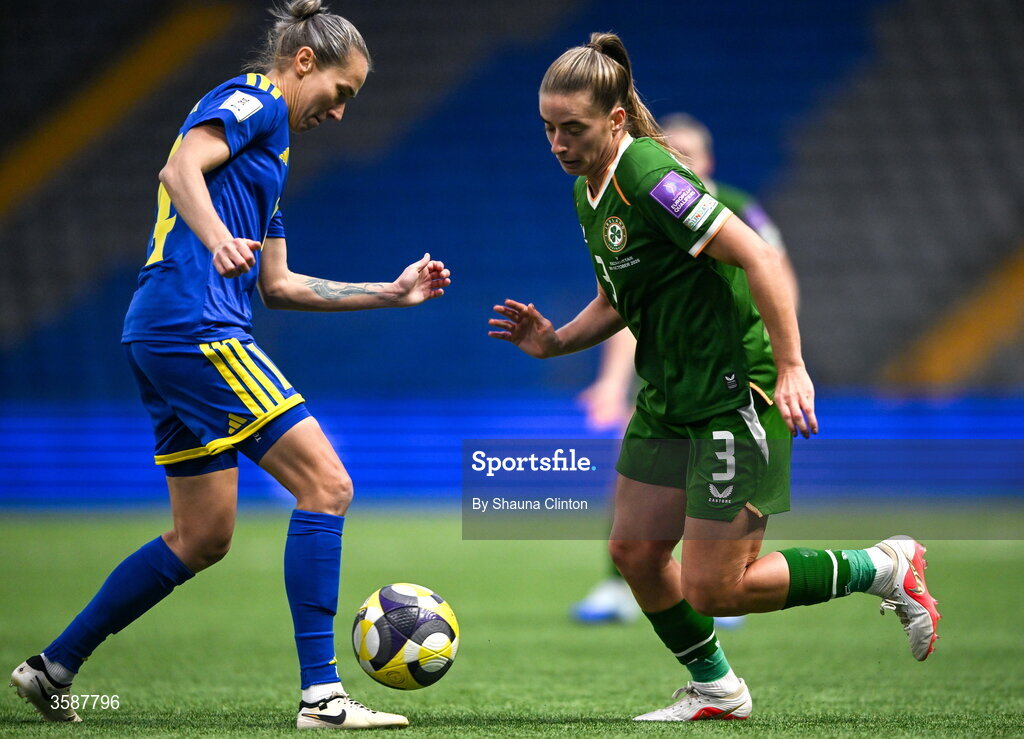 9 October 2026; Chloe Mustaki of Republic of Ireland in action against Yekaterina Babshuk of Kazakhstan during the 2027 FIFA Women’s World Cup qualifying round 1 play-off first leg match between Kazakhstan and the Republic of Ireland at Astana Arena in Kazakhstan. Photo by Shauna Clinton/Sportsfile