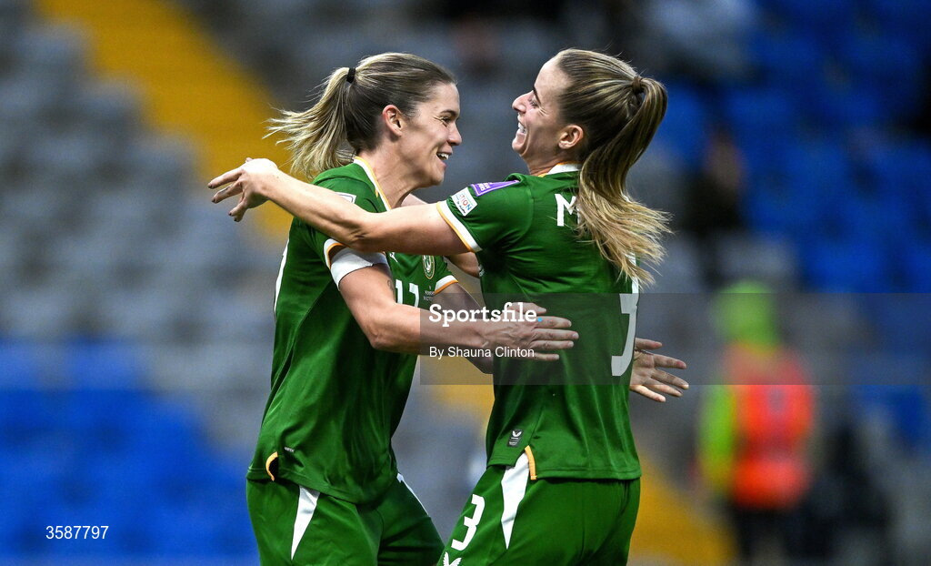 9 October 2026; Jamie Finn of Republic of Ireland, left, celebrates with team-mate Chloe Mustaki after scoring their side's sixth goal during the 2027 FIFA Women’s World Cup qualifying round 1 play-off first leg match between Kazakhstan and the Republic of Ireland at Astana Arena in Kazakhstan. Photo by Shauna Clinton/Sportsfile