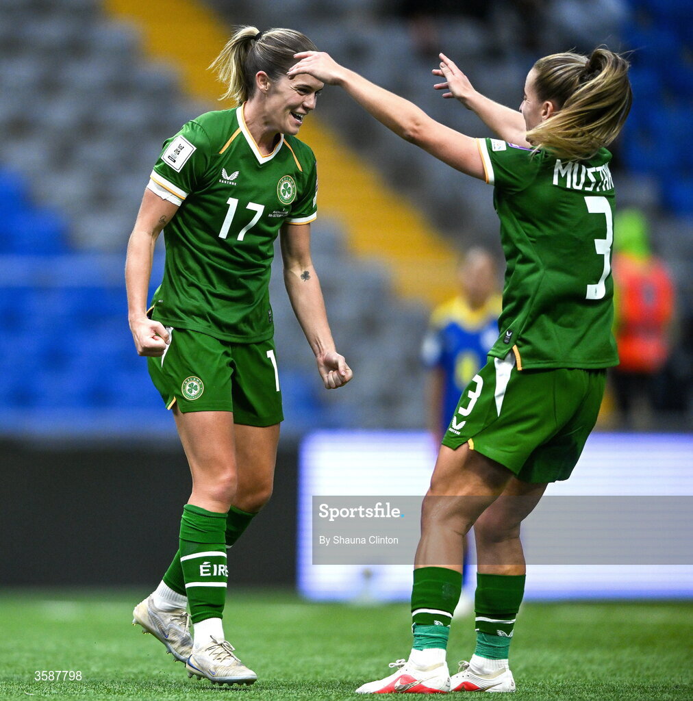 9 October 2026; Jamie Finn of Republic of Ireland, left, celebrates with team-mate Chloe Mustaki after scoring their side's sixth goal during the 2027 FIFA Women’s World Cup qualifying round 1 play-off first leg match between Kazakhstan and the Republic of Ireland at Astana Arena in Kazakhstan. Photo by Shauna Clinton/Sportsfile