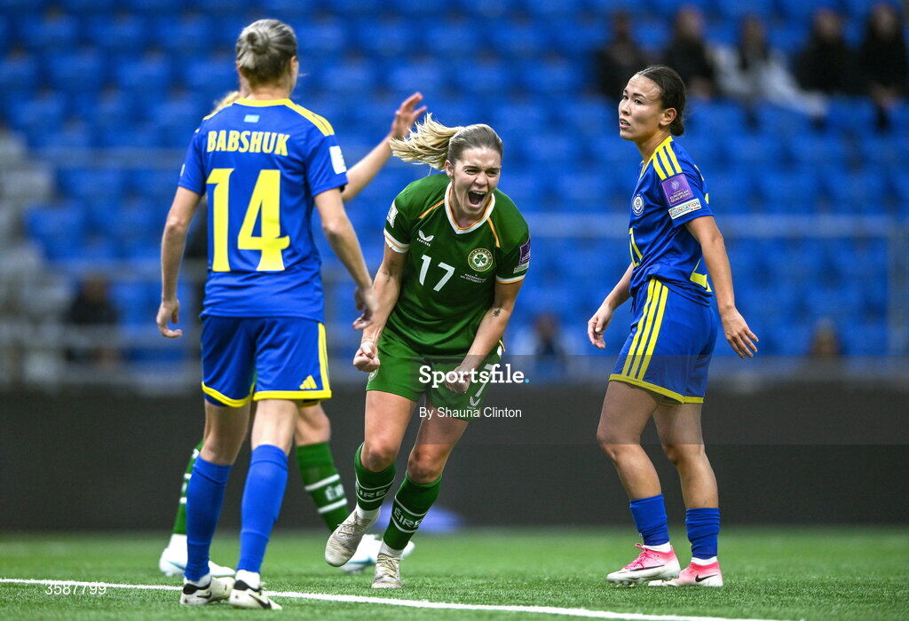 9 October 2026; Jamie Finn of Republic of Ireland celebrates after scoring her side's sixth goal during the 2027 FIFA Women’s World Cup qualifying round 1 play-off first leg match between Kazakhstan and the Republic of Ireland at Astana Arena in Kazakhstan. Photo by Shauna Clinton/Sportsfile