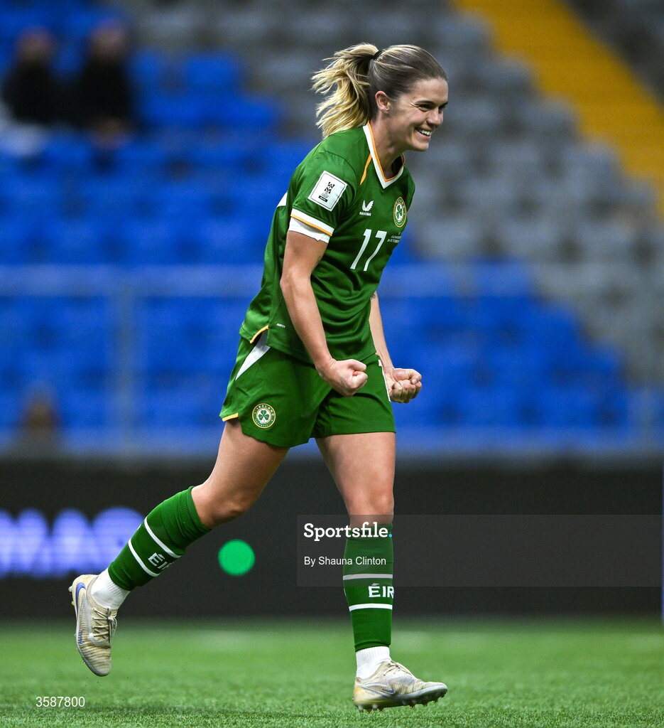 9 October 2026; Jamie Finn of Republic of Ireland celebrates after scoring her side's sixth goal during the 2027 FIFA Women’s World Cup qualifying round 1 play-off first leg match between Kazakhstan and the Republic of Ireland at Astana Arena in Kazakhstan. Photo by Shauna Clinton/Sportsfile