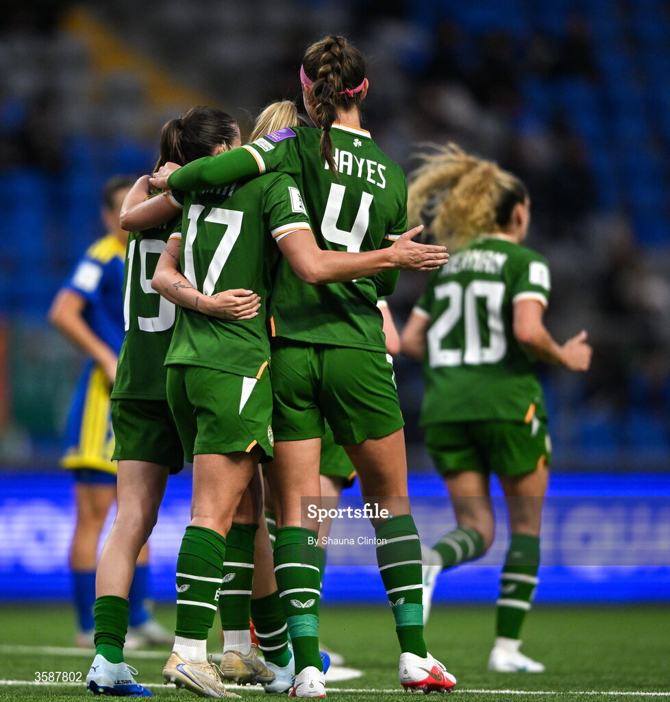 9 October 2026; Jamie Finn of Republic of Ireland, centre, celebrates with team-mate Caitlin Hayes, 4, and Abbie Larkin after scoring their side's sixth goal during the 2027 FIFA Women’s World Cup qualifying round 1 play-off first leg match between Kazakhstan and the Republic of Ireland at Astana Arena in Kazakhstan. Photo by Shauna Clinton/Sportsfile