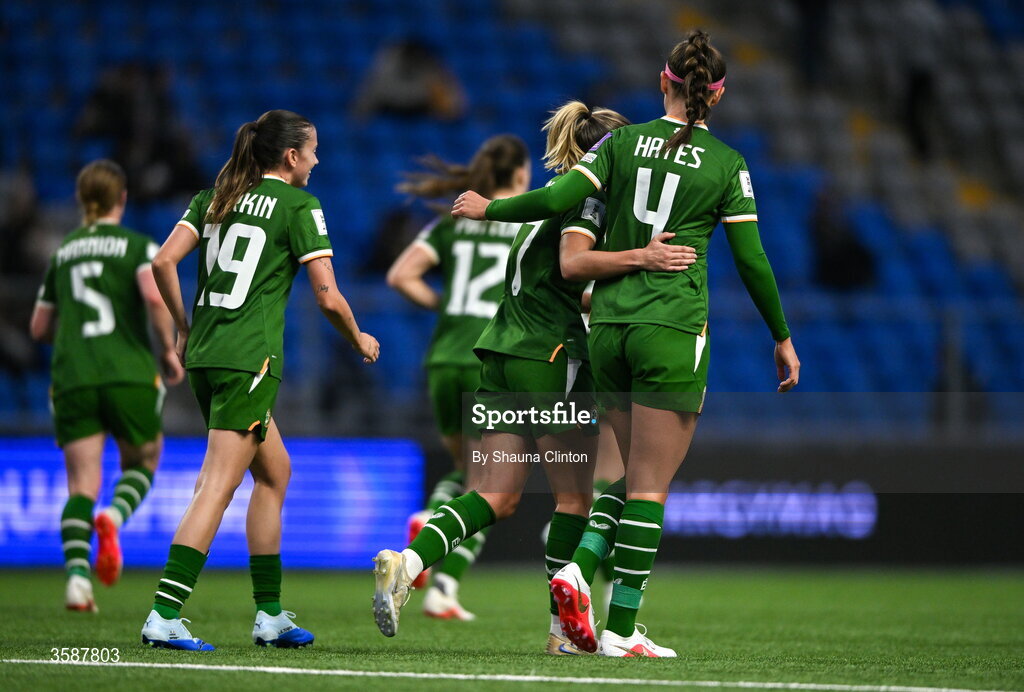 9 October 2026; Jamie Finn of Republic of Ireland, centre, celebrates with team-mate Caitlin Hayes, 4, after scoring their side's sixth goal during the 2027 FIFA Women’s World Cup qualifying round 1 play-off first leg match between Kazakhstan and the Republic of Ireland at Astana Arena in Kazakhstan. Photo by Shauna Clinton/Sportsfile