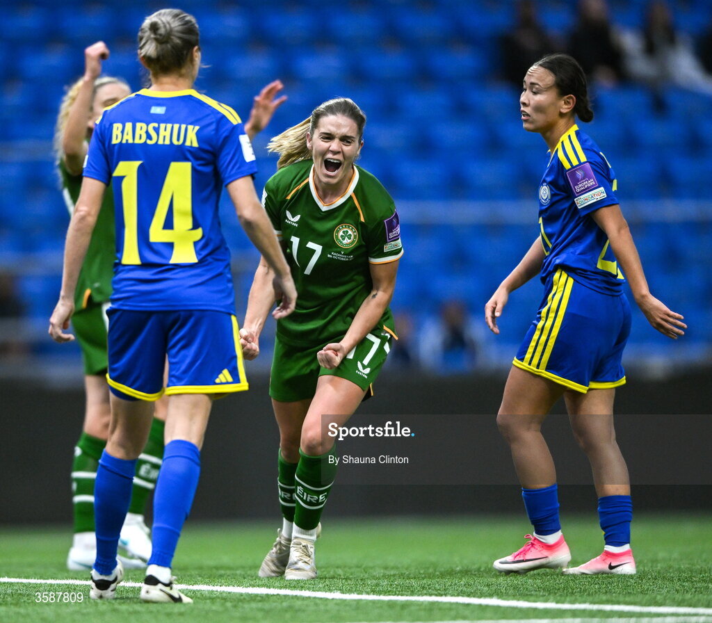 9 October 2026; Jamie Finn of Republic of Ireland celebrates after scoring her side's sixth goal during the 2027 FIFA Women’s World Cup qualifying round 1 play-off first leg match between Kazakhstan and the Republic of Ireland at Astana Arena in Kazakhstan. Photo by Shauna Clinton/Sportsfile