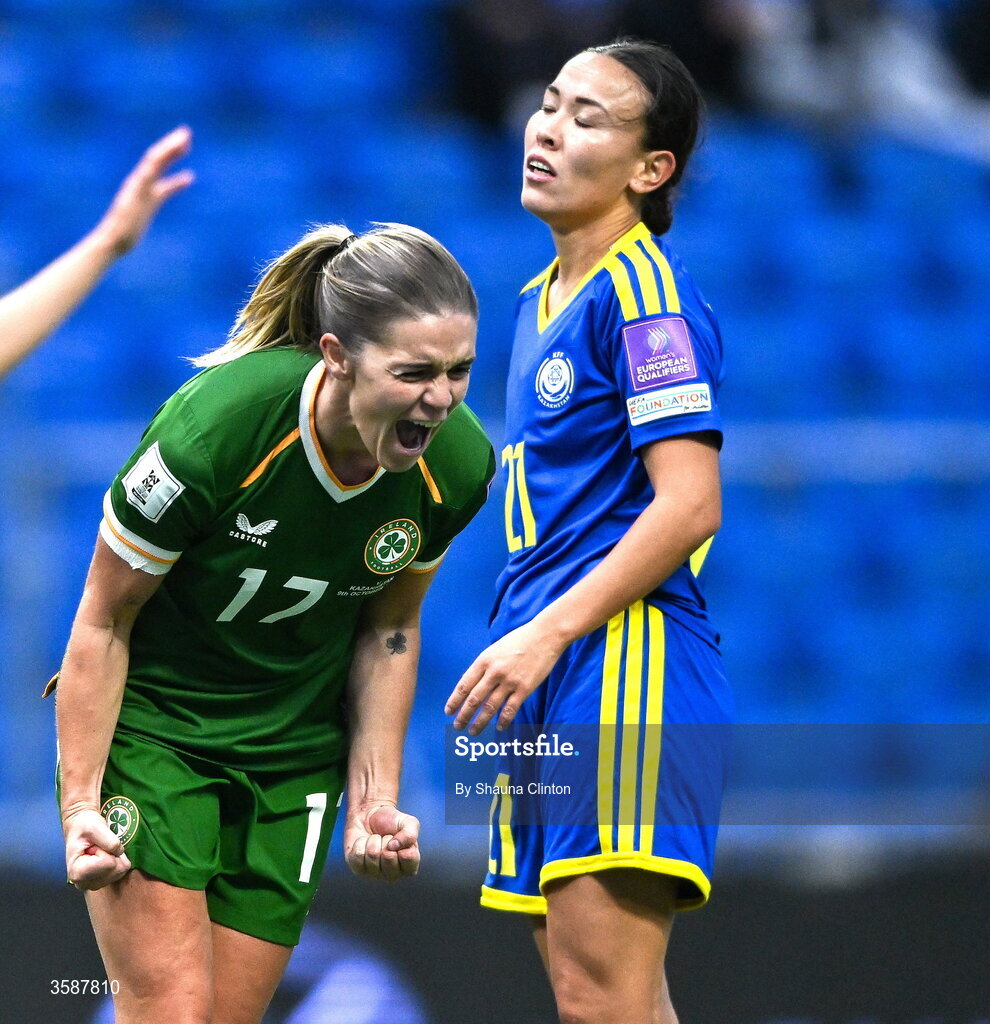 9 October 2026; Jamie Finn of Republic of Ireland celebrates after scoring her side's sixth goal during the 2027 FIFA Women’s World Cup qualifying round 1 play-off first leg match between Kazakhstan and the Republic of Ireland at Astana Arena in Kazakhstan. Photo by Shauna Clinton/Sportsfile