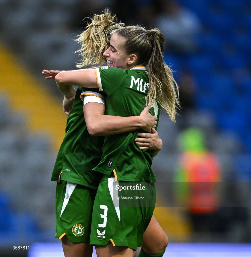 9 October 2026; Jamie Finn of Republic of Ireland, left, celebrates with team-mate Chloe Mustaki, right, after scoring their side's sixth goal during the 2027 FIFA Women’s World Cup qualifying round 1 play-off first leg match between Kazakhstan and the Republic of Ireland at Astana Arena in Kazakhstan. Photo by Shauna Clinton/Sportsfile