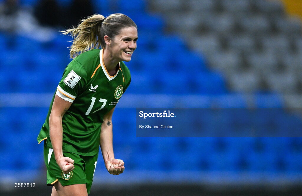 9 October 2026; Jamie Finn of Republic of Ireland celebrates after scoring her side's sixth goal during the 2027 FIFA Women’s World Cup qualifying round 1 play-off first leg match between Kazakhstan and the Republic of Ireland at Astana Arena in Kazakhstan. Photo by Shauna Clinton/Sportsfile
