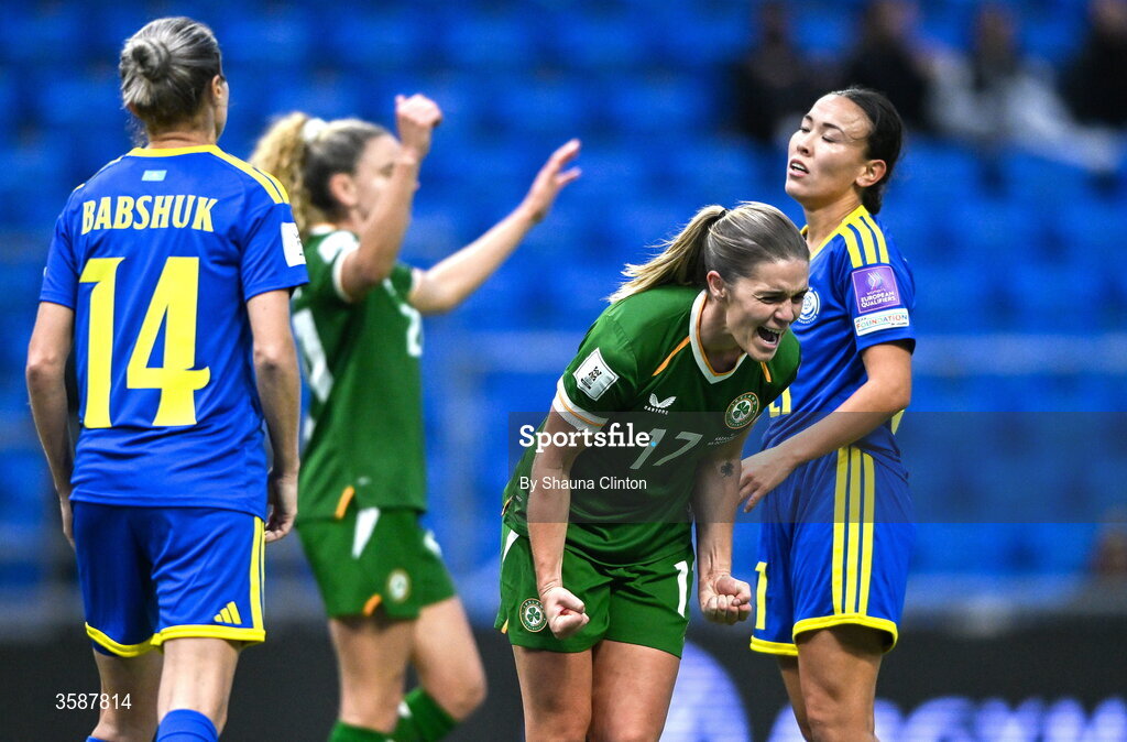 9 October 2026; Jamie Finn of Republic of Ireland celebrates after scoring her side's sixth goal during the 2027 FIFA Women’s World Cup qualifying round 1 play-off first leg match between Kazakhstan and the Republic of Ireland at Astana Arena in Kazakhstan. Photo by Shauna Clinton/Sportsfile