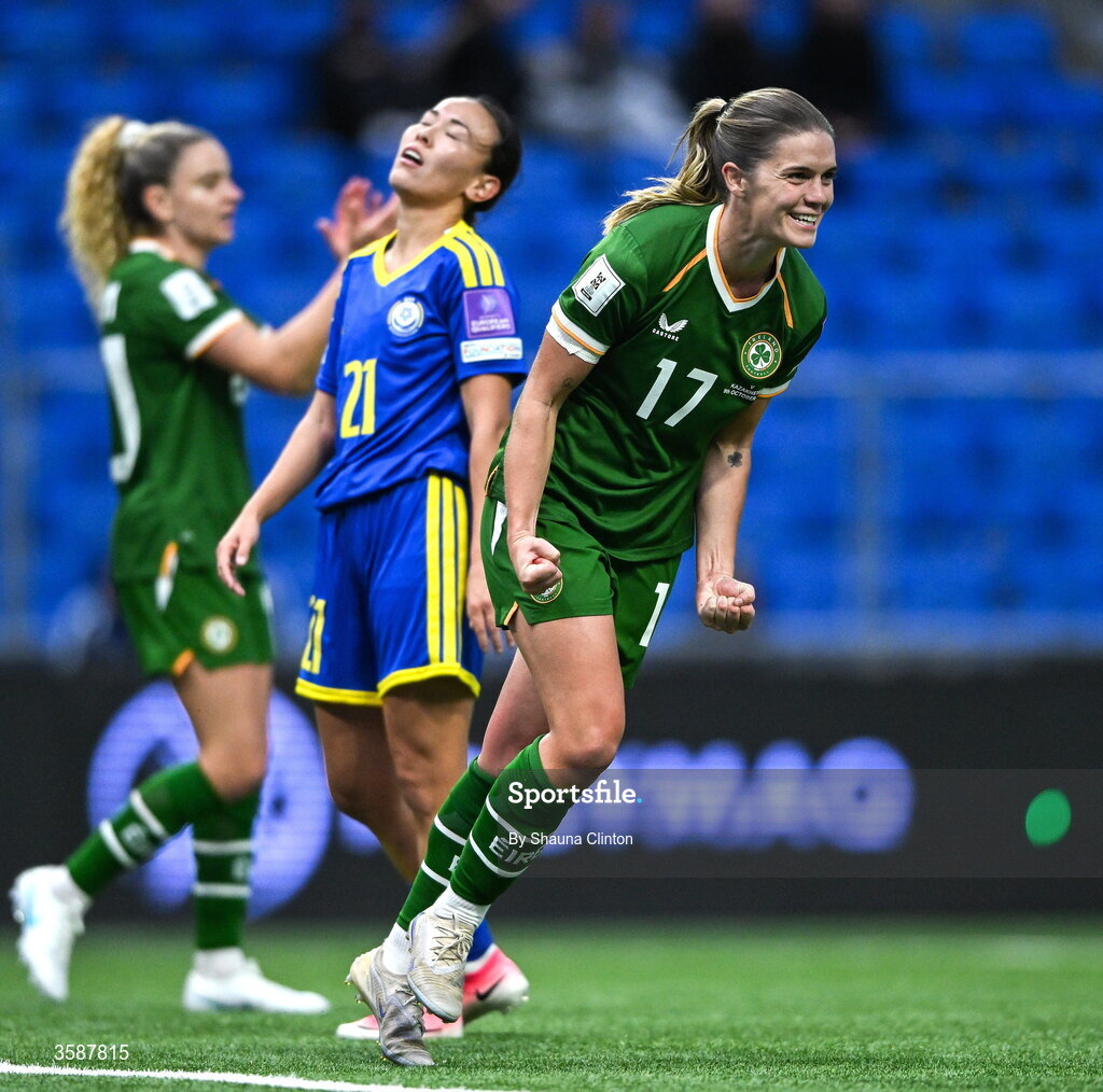 9 October 2026; Jamie Finn of Republic of Ireland celebrates after scoring her side's sixth goal during the 2027 FIFA Women’s World Cup qualifying round 1 play-off first leg match between Kazakhstan and the Republic of Ireland at Astana Arena in Kazakhstan. Photo by Shauna Clinton/Sportsfile