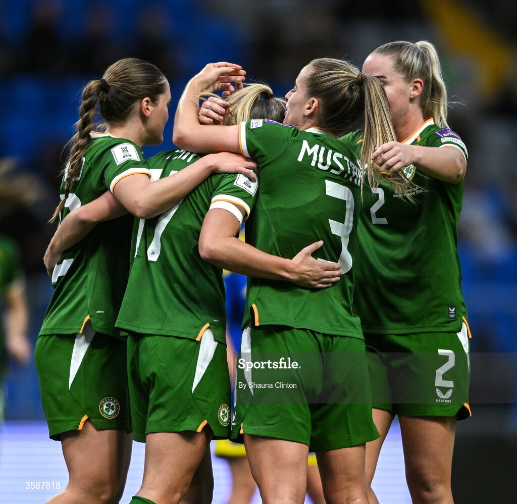 9 October 2026; Jamie Finn of Republic of Ireland, second from left, celebrates with team-mates after scoring their side's sixth goal during the 2027 FIFA Women’s World Cup qualifying round 1 play-off first leg match between Kazakhstan and the Republic of Ireland at Astana Arena in Kazakhstan. Photo by Shauna Clinton/Sportsfile
