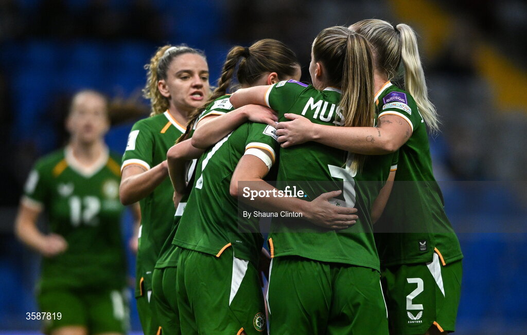 9 October 2026; Jamie Finn of Republic of Ireland, hidden, celebrates with team-mates after scoring their side's sixth goal during the 2027 FIFA Women’s World Cup qualifying round 1 play-off first leg match between Kazakhstan and the Republic of Ireland at Astana Arena in Kazakhstan. Photo by Shauna Clinton/Sportsfile