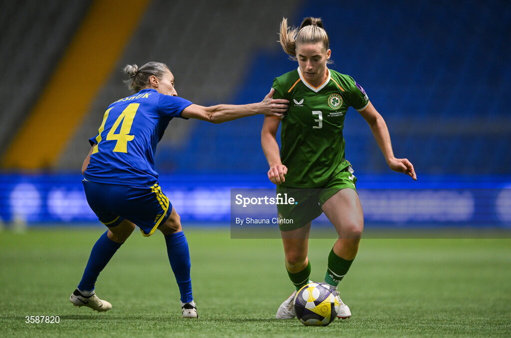 9 October 2026; Chloe Mustaki of Republic of Ireland in action against Yekaterina Babshuk of Kazakhstan during the 2027 FIFA Women’s World Cup qualifying round 1 play-off first leg match between Kazakhstan and the Republic of Ireland at Astana Arena in Kazakhstan. Photo by Shauna Clinton/Sportsfile
