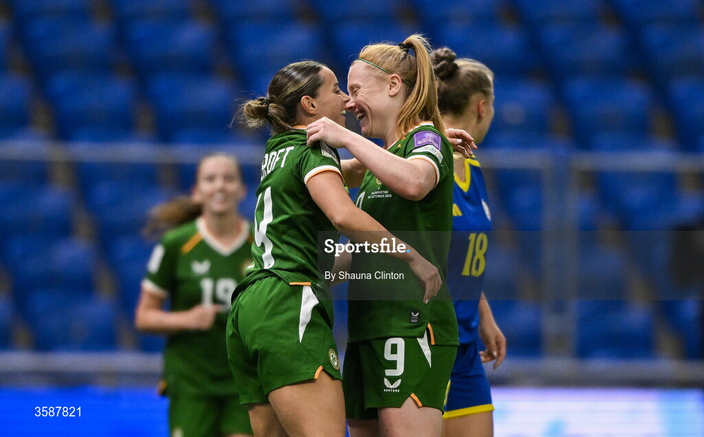 9 October 2026; Shanade Hopcroft of Republic of Ireland, left, celebrates with team-mate Amber Barrett after scoring their side's seventh goal during the 2027 FIFA Women’s World Cup qualifying round 1 play-off first leg match between Kazakhstan and the Republic of Ireland at Astana Arena in Kazakhstan. Photo by Shauna Clinton/Sportsfile
