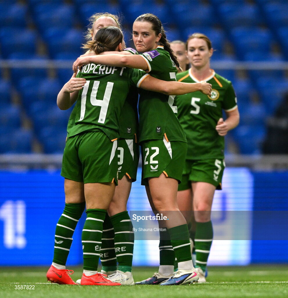 9 October 2026; Shanade Hopcroft of Republic of Ireland, 14, celebrates with team-mates Amber Barrett, left, and Tyler Toland after scoring their side's seventh goal during the 2027 FIFA Women’s World Cup qualifying round 1 play-off first leg match between Kazakhstan and the Republic of Ireland at Astana Arena in Kazakhstan. Photo by Shauna Clinton/Sportsfile