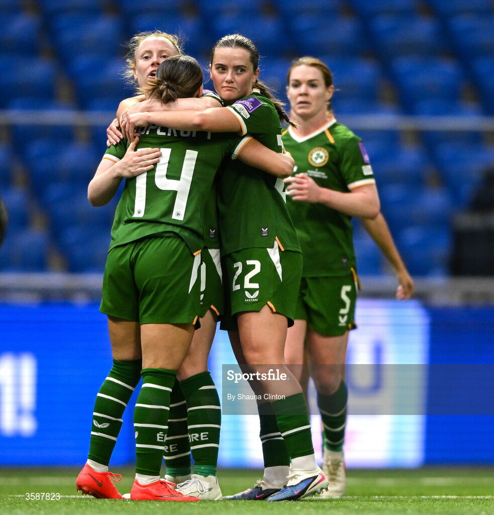 9 October 2026; Shanade Hopcroft of Republic of Ireland, 14, celebrates with team-mates Amber Barrett, left, and Tyler Toland after scoring their side's seventh goal during the 2027 FIFA Women’s World Cup qualifying round 1 play-off first leg match between Kazakhstan and the Republic of Ireland at Astana Arena in Kazakhstan. Photo by Shauna Clinton/Sportsfile