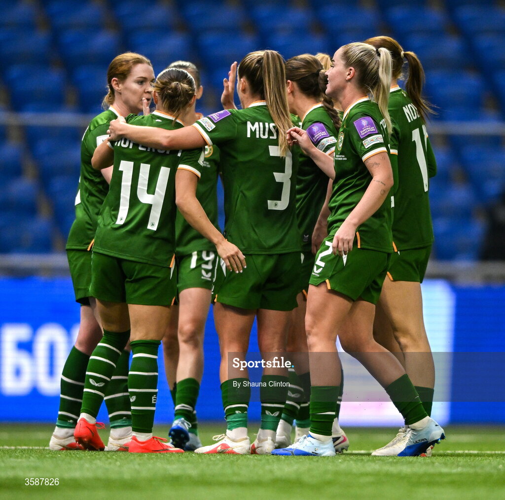9 October 2026; Shanade Hopcroft of Republic of Ireland, 14, celebrates with team-mates after scoring their side's seventh goal during the 2027 FIFA Women’s World Cup qualifying round 1 play-off first leg match between Kazakhstan and the Republic of Ireland at Astana Arena in Kazakhstan. Photo by Shauna Clinton/Sportsfile