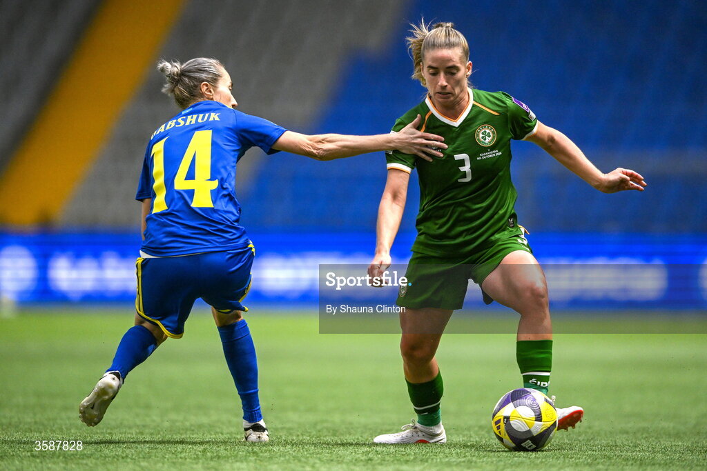 9 October 2026; Chloe Mustaki of Republic of Ireland in action against Yekaterina Babshuk of Kazakhstan during the 2027 FIFA Women’s World Cup qualifying round 1 play-off first leg match between Kazakhstan and the Republic of Ireland at Astana Arena in Kazakhstan. Photo by Shauna Clinton/Sportsfile
