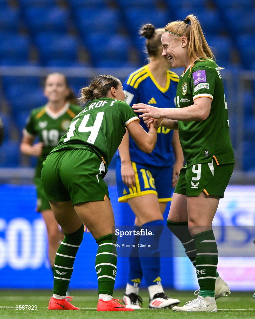9 October 2026; Shanade Hopcroft of Republic of Ireland, left, celebrates with team-mate Amber Barrett after scoring their side's seventh goal during the 2027 FIFA Women’s World Cup qualifying round 1 play-off first leg match between Kazakhstan and the Republic of Ireland at Astana Arena in Kazakhstan. Photo by Shauna Clinton/Sportsfile