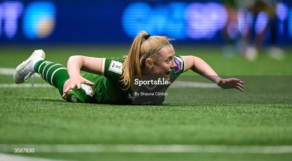 9 October 2026; Amber Barrett of Republic of Ireland reacts during the 2027 FIFA Women’s World Cup qualifying round 1 play-off first leg match between Kazakhstan and the Republic of Ireland at Astana Arena in Kazakhstan. Photo by Shauna Clinton/Sportsfile