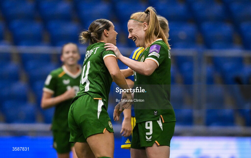 9 October 2026; Shanade Hopcroft of Republic of Ireland, left, celebrates with team-mate Amber Barrett after scoring their side's seventh goal during the 2027 FIFA Women’s World Cup qualifying round 1 play-off first leg match between Kazakhstan and the Republic of Ireland at Astana Arena in Kazakhstan. Photo by Shauna Clinton/Sportsfile