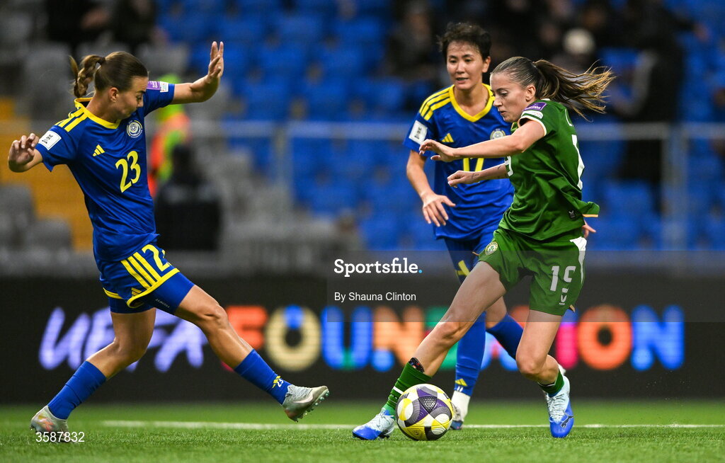 9 October 2026; Abbie Larkin of Republic of Ireland in action against Anastassiya Vlassova of Kazakhstan during the 2027 FIFA Women’s World Cup qualifying round 1 play-off first leg match between Kazakhstan and the Republic of Ireland at Astana Arena in Kazakhstan. Photo by Shauna Clinton/Sportsfile