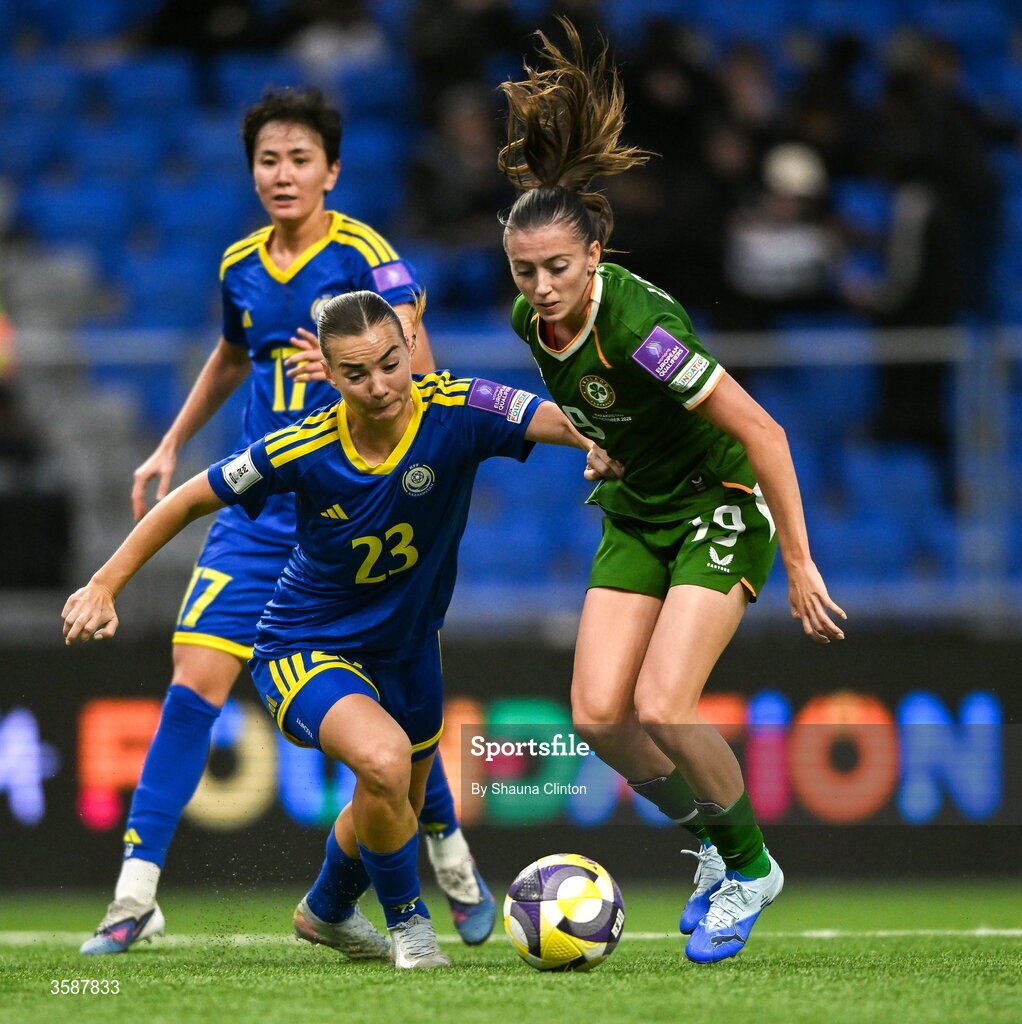 9 October 2026; Abbie Larkin of Republic of Ireland in action against Anastassiya Vlassova of Kazakhstan during the 2027 FIFA Women’s World Cup qualifying round 1 play-off first leg match between Kazakhstan and the Republic of Ireland at Astana Arena in Kazakhstan. Photo by Shauna Clinton/Sportsfile