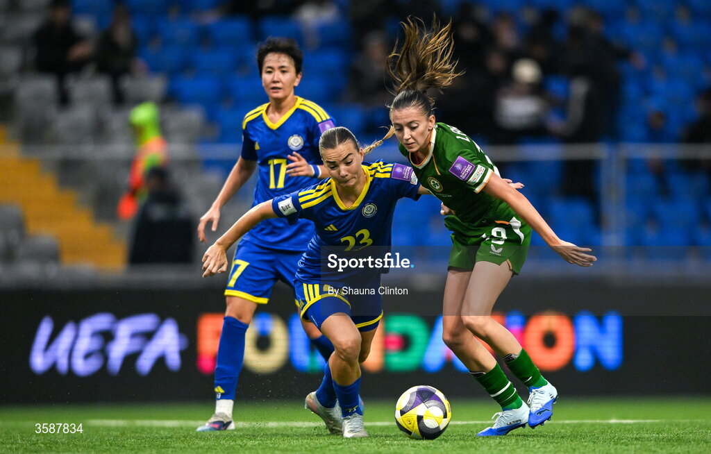 9 October 2026; Abbie Larkin of Republic of Ireland in action against Anastassiya Vlassova of Kazakhstan during the 2027 FIFA Women’s World Cup qualifying round 1 play-off first leg match between Kazakhstan and the Republic of Ireland at Astana Arena in Kazakhstan. Photo by Shauna Clinton/Sportsfile