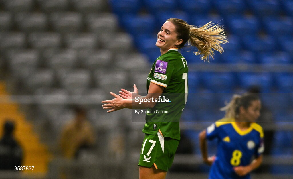 9 October 2026; Jamie Finn of Republic of Ireland reacts during the 2027 FIFA Women’s World Cup qualifying round 1 play-off first leg match between Kazakhstan and the Republic of Ireland at Astana Arena in Kazakhstan. Photo by Shauna Clinton/Sportsfile