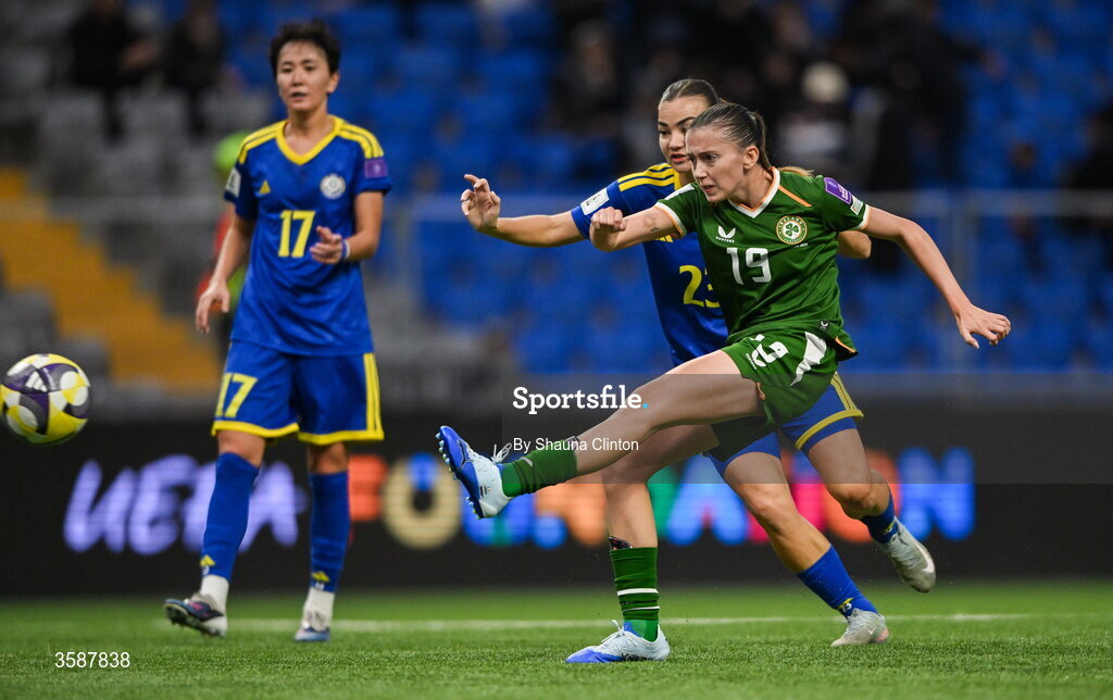 9 October 2026; Abbie Larkin of Republic of Ireland has an attempt on goal during the 2027 FIFA Women’s World Cup qualifying round 1 play-off first leg match between Kazakhstan and the Republic of Ireland at Astana Arena in Kazakhstan. Photo by Shauna Clinton/Sportsfile