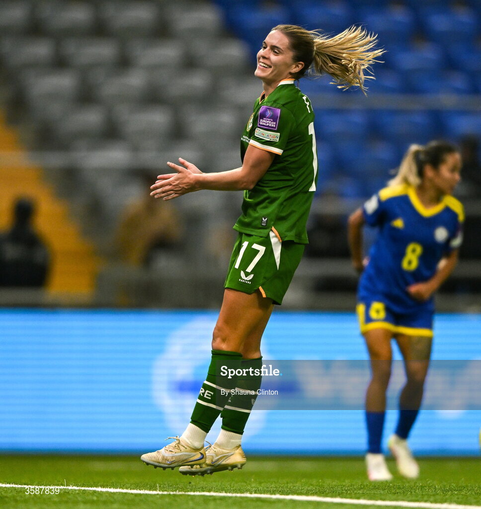 9 October 2026; Jamie Finn of Republic of Ireland reacts during the 2027 FIFA Women’s World Cup qualifying round 1 play-off first leg match between Kazakhstan and the Republic of Ireland at Astana Arena in Kazakhstan. Photo by Shauna Clinton/Sportsfile