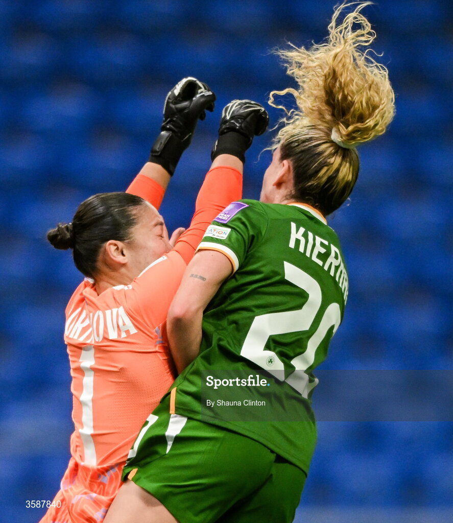 9 October 2026; Leanne Kiernan of Republic of Ireland collides with Kazakhstan goalkeeper Angelina Portnova during the 2027 FIFA Women’s World Cup qualifying round 1 play-off first leg match between Kazakhstan and the Republic of Ireland at Astana Arena in Kazakhstan. Photo by Shauna Clinton/Sportsfile