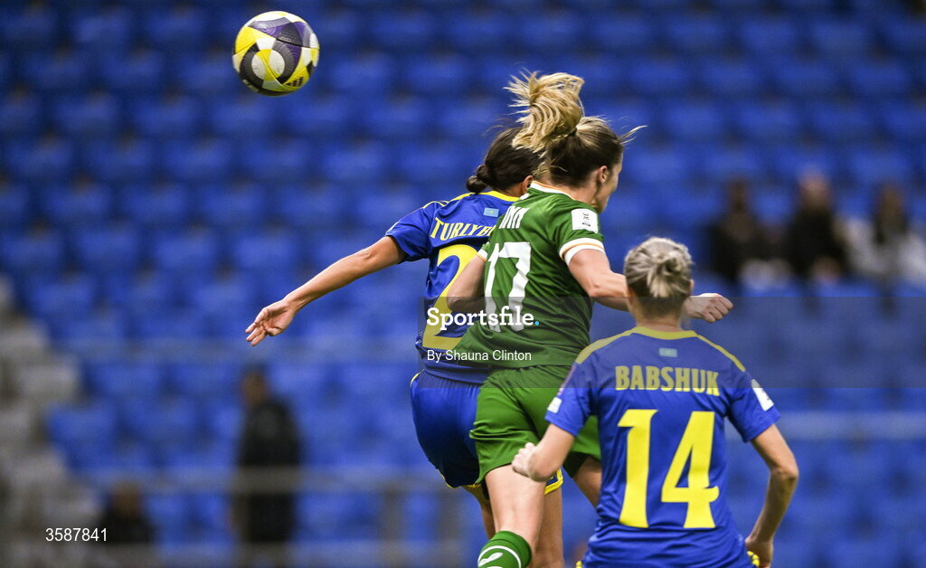 9 October 2026; Jamie Finn of Republic of Ireland heads to score her side's sixth goal during the 2027 FIFA Women’s World Cup qualifying round 1 play-off first leg match between Kazakhstan and the Republic of Ireland at Astana Arena in Kazakhstan. Photo by Shauna Clinton/Sportsfile