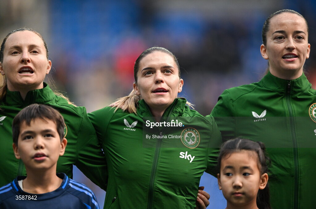 9 October 2026; Republic of Ireland players, from left, Kyra Carusa, Jamie Finn and Anna Patten before the 2027 FIFA Women’s World Cup qualifying round 1 play-off first leg match between Kazakhstan and the Republic of Ireland at Astana Arena in Kazakhstan. Photo by Shauna Clinton/Sportsfile