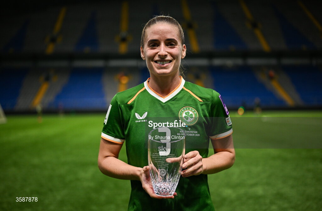 9 October 2026; Chloe Mustaki of Republic of Ireland with her player of the match award after the 2027 FIFA Women’s World Cup qualifying round 1 play-off first leg match between Kazakhstan and the Republic of Ireland at Astana Arena in Kazakhstan. Photo by Shauna Clinton/Sportsfile