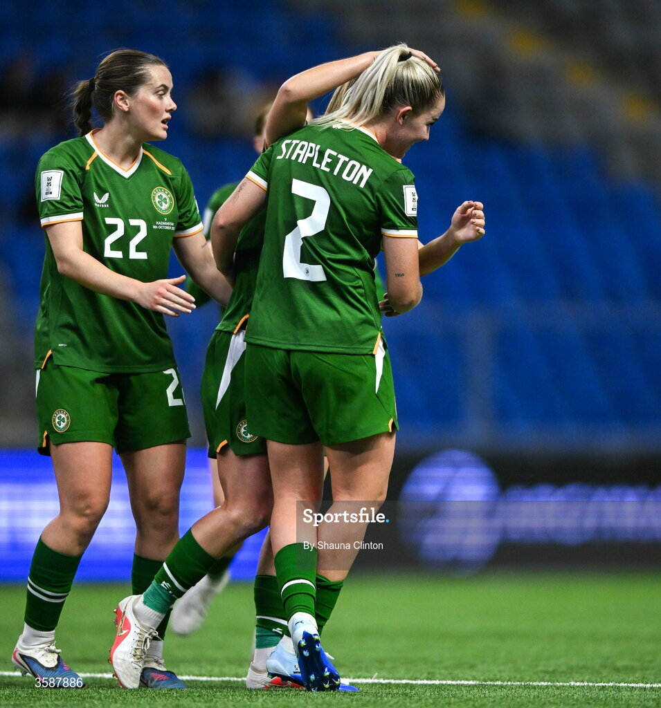 9 October 2026; Jessie Stapleton of Republic of Ireland, 2, celebrates with team-mates including Tyler Toland after scoring their side's eighth goal during the 2027 FIFA Women’s World Cup qualifying round 1 play-off first leg match between Kazakhstan and the Republic of Ireland at Astana Arena in Kazakhstan. Photo by Shauna Clinton/Sportsfile