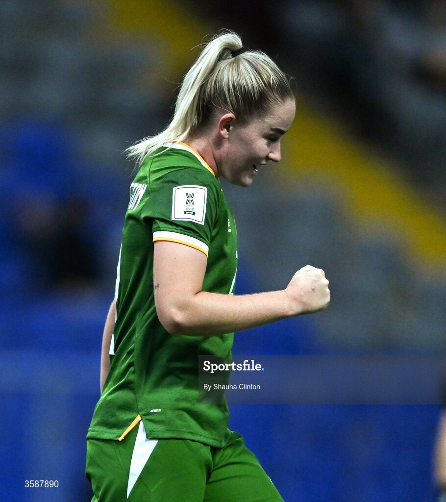 9 October 2026; Jessie Stapleton of Republic of Ireland celebrates after scoring her side's eighth goal during the 2027 FIFA Women’s World Cup qualifying round 1 play-off first leg match between Kazakhstan and the Republic of Ireland at Astana Arena in Kazakhstan. Photo by Shauna Clinton/Sportsfile