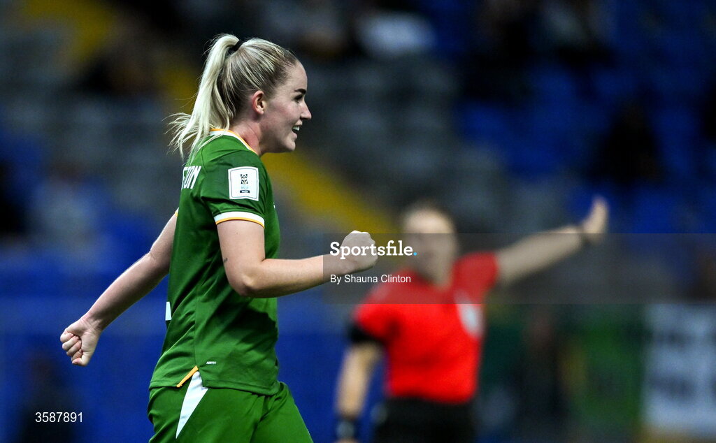 9 October 2026; Jessie Stapleton of Republic of Ireland celebrates after scoring her side's eighth goal during the 2027 FIFA Women’s World Cup qualifying round 1 play-off first leg match between Kazakhstan and the Republic of Ireland at Astana Arena in Kazakhstan. Photo by Shauna Clinton/Sportsfile
