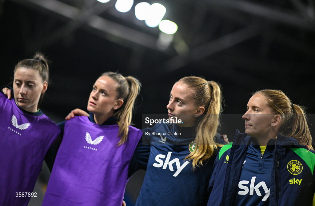 9 October 2026; Republic of Ireland players, from left, Lucy Quinn, Heather Payne, Aoibheann Clancy and goalkeer Sophie Whitehouse during the 2027 FIFA Women’s World Cup qualifying round 1 play-off first leg match between Kazakhstan and the Republic of Ireland at Astana Arena in Kazakhstan. Photo by Shauna Clinton/Sportsfile