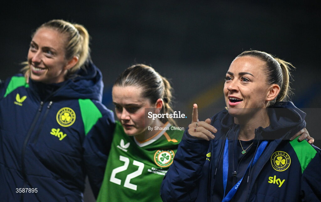 9 October 2026; Katie McCabe of Republic of Ireland, right, speaks to her teammates after the 2027 FIFA Women’s World Cup qualifying round 1 play-off first leg match between Kazakhstan and the Republic of Ireland at Astana Arena in Kazakhstan. Photo by Shauna Clinton/Sportsfile