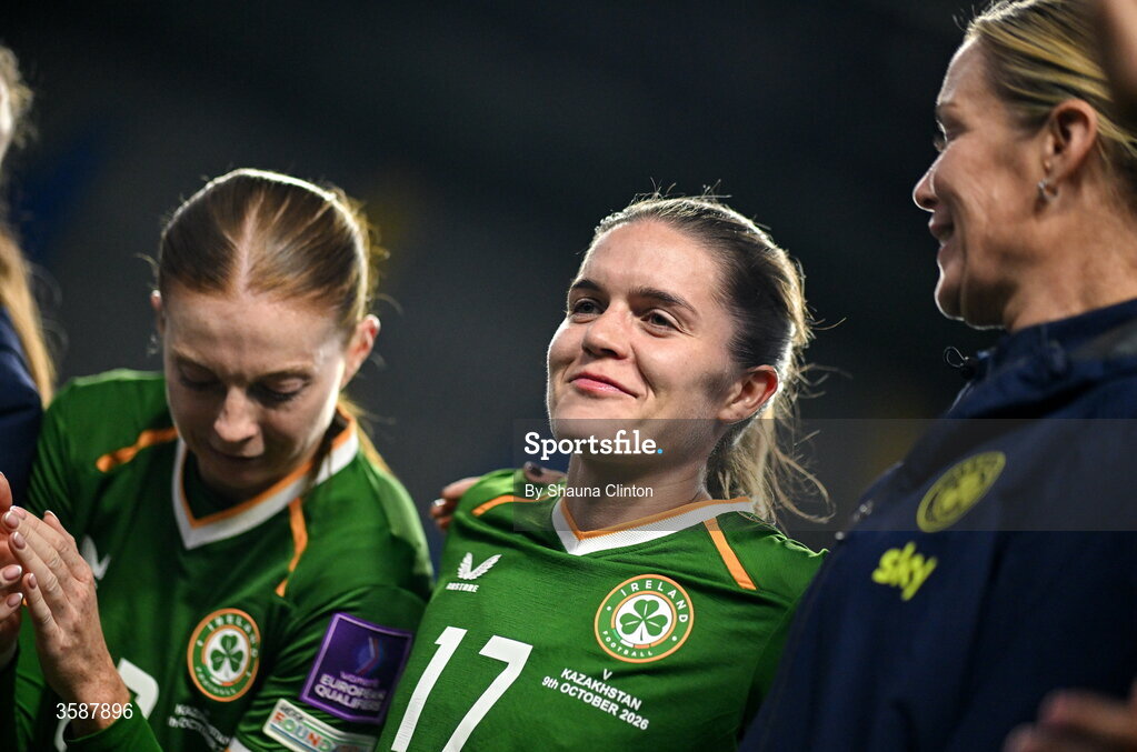 9 October 2026; Jamie Finn of Republic of Ireland, centre, after the 2027 FIFA Women’s World Cup qualifying round 1 play-off first leg match between Kazakhstan and the Republic of Ireland at Astana Arena in Kazakhstan. Photo by Shauna Clinton/Sportsfile