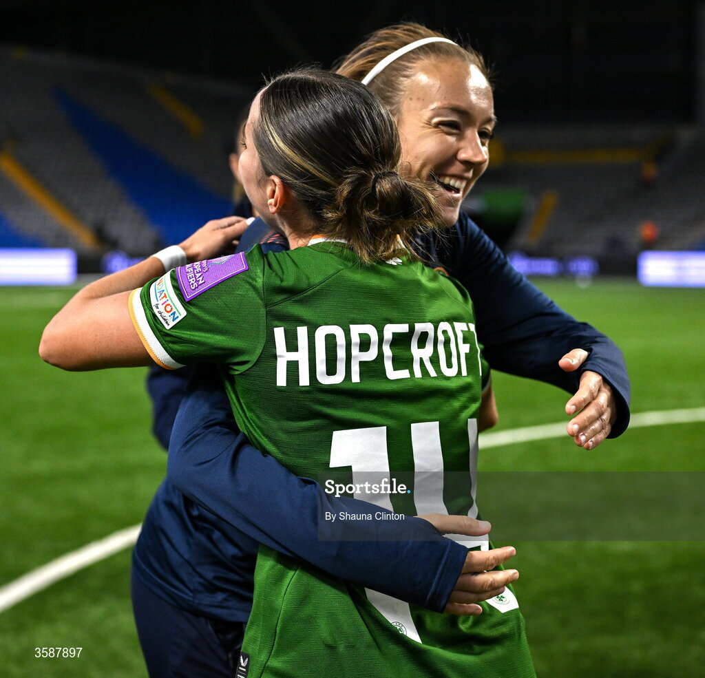 9 October 2026; Shanade Hopcroft of Republic of Ireland, left, with teammate Grace Moloney after the 2027 FIFA Women’s World Cup qualifying round 1 play-off first leg match between Kazakhstan and the Republic of Ireland at Astana Arena in Kazakhstan. Photo by Shauna Clinton/Sportsfile