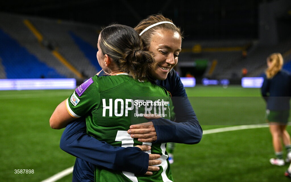 9 October 2026; Shanade Hopcroft of Republic of Ireland, left, with teammate Grace Moloney after the 2027 FIFA Women’s World Cup qualifying round 1 play-off first leg match between Kazakhstan and the Republic of Ireland at Astana Arena in Kazakhstan. Photo by Shauna Clinton/Sportsfile