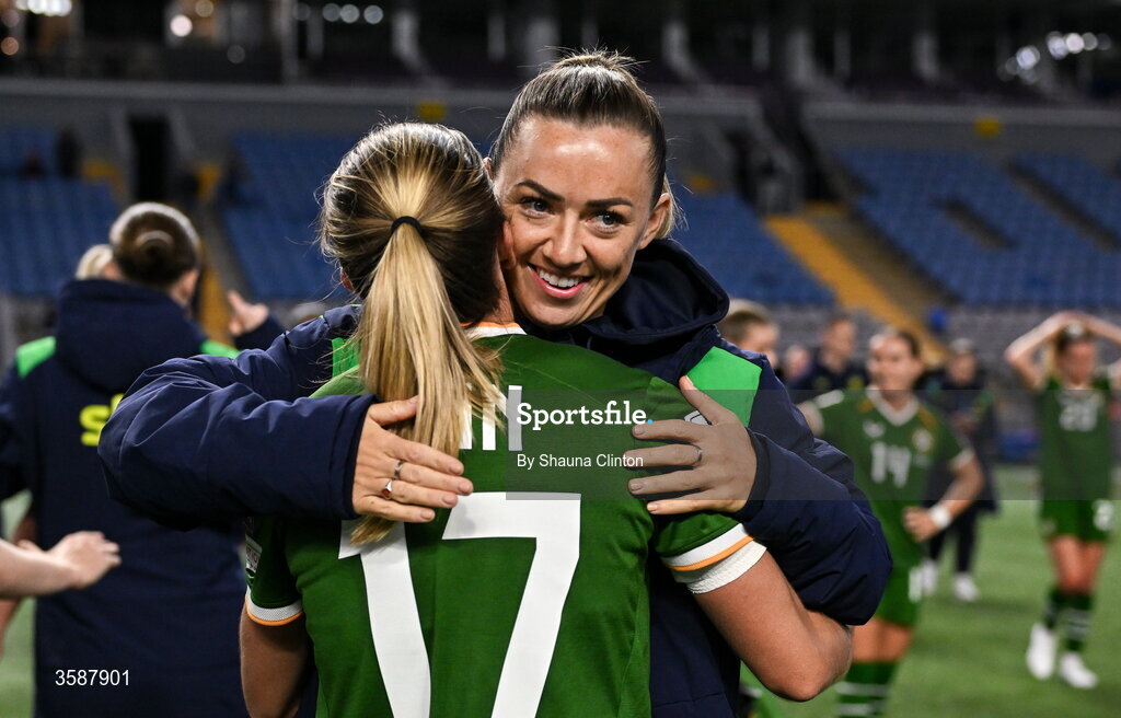 9 October 2026; Katie McCabe, right, and Jamie Finn of Republic of Ireland after the 2027 FIFA Women’s World Cup qualifying round 1 play-off first leg match between Kazakhstan and the Republic of Ireland at Astana Arena in Kazakhstan. Photo by Shauna Clinton/Sportsfile