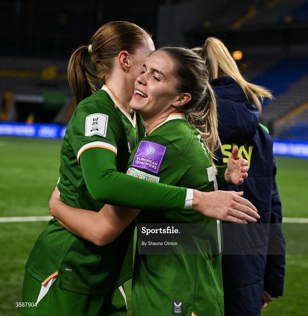 9 October 2026; Jamie Finn of Republic of Ireland, right, after the 2027 FIFA Women’s World Cup qualifying round 1 play-off first leg match between Kazakhstan and the Republic of Ireland at Astana Arena in Kazakhstan. Photo by Shauna Clinton/Sportsfile
