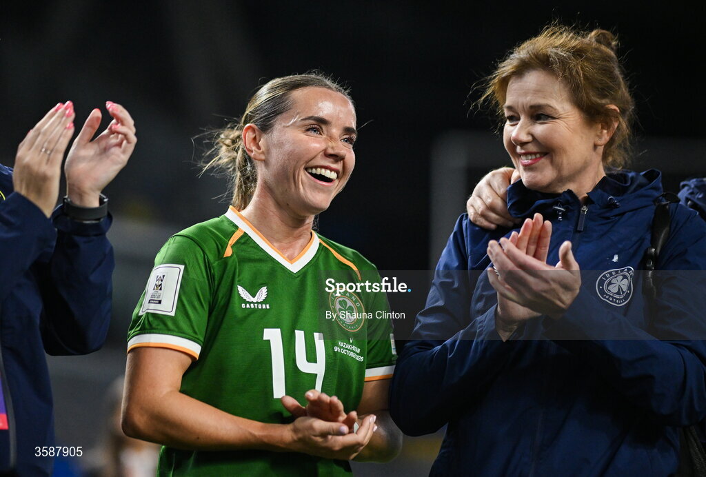 9 October 2026; Shanade Hopcroft of Republic of Ireland, left, after the 2027 FIFA Women’s World Cup qualifying round 1 play-off first leg match between Kazakhstan and the Republic of Ireland at Astana Arena in Kazakhstan. Photo by Shauna Clinton/Sportsfile