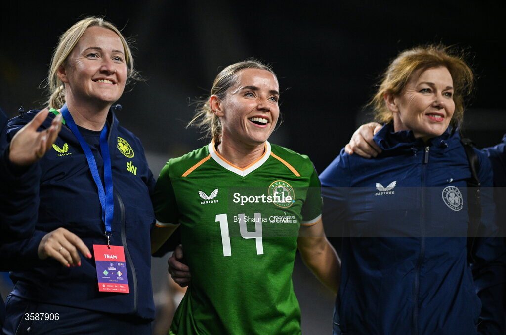 9 October 2026; Shanade Hopcroft of Republic of Ireland, centre, after the 2027 FIFA Women’s World Cup qualifying round 1 play-off first leg match between Kazakhstan and the Republic of Ireland at Astana Arena in Kazakhstan. Photo by Shauna Clinton/Sportsfile